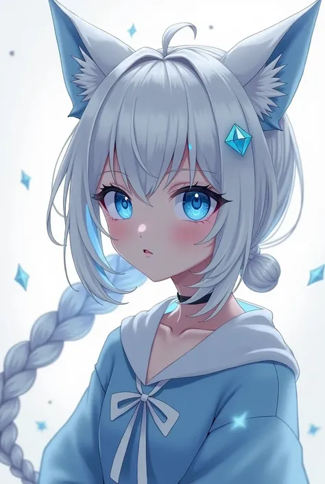 Create an anime girl with white hair, sky blue eyes, with tied hair and a braided tail with a braided tail, and the pupils of her eyes are like those of a cat, but the shape of an elongated diamond.