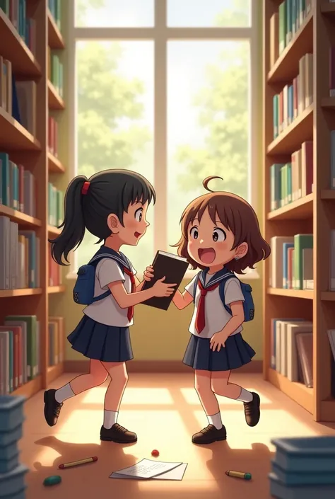 Two schoolren playing with each other in the library.