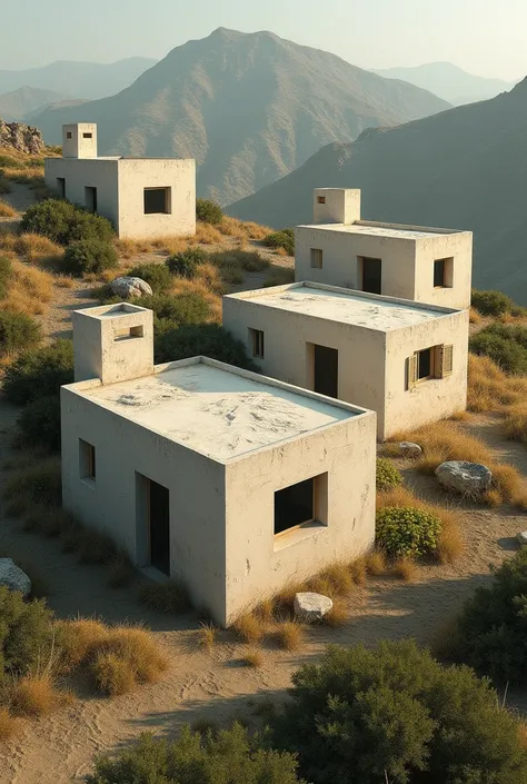 Create an image One of the houses in the country of the blind, simple houses adapted to the environment, without windows (since ).
