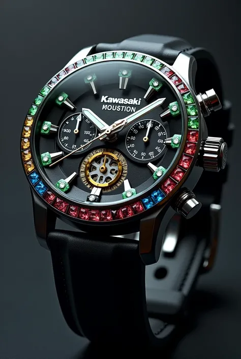 Create an image 
Of a luxury watch that has as its mechanism the engine of the Kawasaki ninja H2R , Colors of gemstones of the same color as the motorcycle that has the name of the brand that the motorcycles engine is visible 
Leonard Challar 
