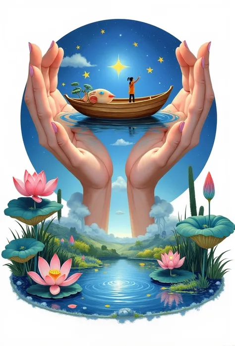      Beautiful logo on a white background in the center only big female hands with precious ones hold a boat against the background of a lotus lake, Painting (medium),      A star                (sky),                A star                (symbol),     wat...