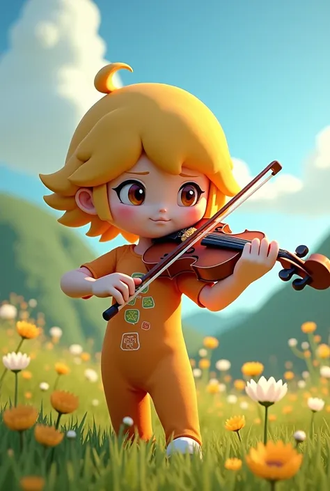 crea un render de sunny de omori con su skin de minecraft tocando un violin