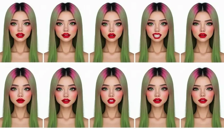 Create a twelve-panel photo collage of a 26-year-old Asian-styled woman with the following features: straight, shoulder-length hair dyed in a bold gradient of fluorescent green with a pink undertone, parted in the middle. She has large, almond-shaped emera...