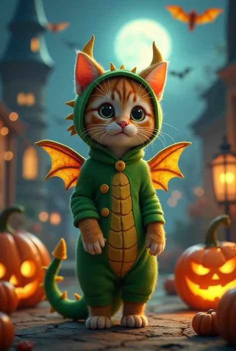 "Create a whimsical and endearing depiction of a cat dressed in a detailed Halloween costume of a dog. The costume includes a vibrant green, scaly bodysuit with tiny golden wings on its back, a long, playful tail with a spiked tip, and a headpiece resembli...