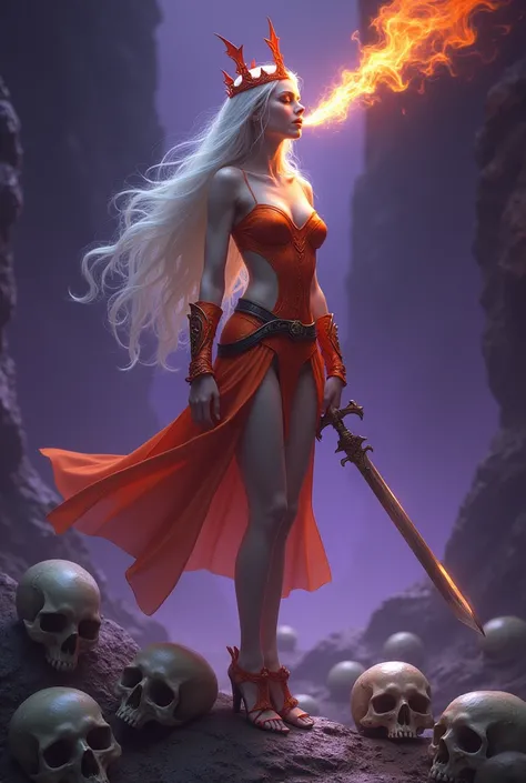 A digital artwork of a beautiful white woman with long hair, slender warrior with a unique red crown, very faithful and looking fragile, she wears open heels with orange armor,  spitting fire out of his mouth,  holding a sword , standing on skulls , a dark...