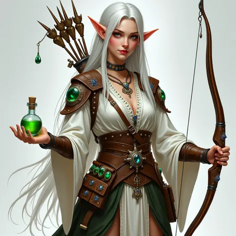  a fair-skinned female elf, silver-colored hair ,  dressed in a white long-sleeved shirt ,  leather sweater with sapphires and emeralds engraved ,  leather bracelets with emeralds and studded , Balça braca with high leather boots ,  on his back there is an...