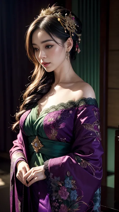 A fantastical scene of a woman wearing a luxurious kimono inspired by a blend of deep emerald green and purple, adorned with intricate floral and lace patterns. She stands gracefully with a pose that suggests movement, her sleeves flowing as if caught in a...