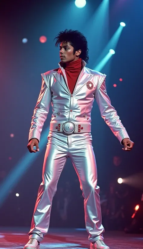 " Michael Jackson in his silver Captain EO suit ,  standing in a futuristic setting illuminated by bright lights and neon effects.  His expression is decisive and he is surrounded by a background of galaxies , Stars and planets. Laser lights cross the scen...