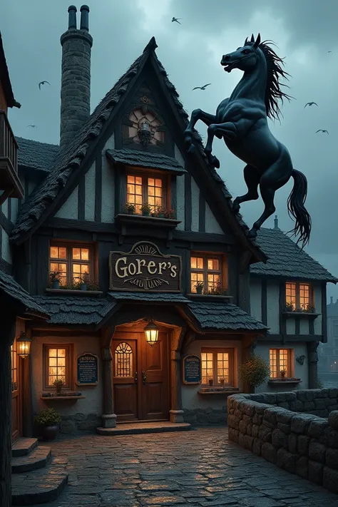  An inn in a dark fantasy world in the Middle Ages on a harbor. What you see from outside . And the dancing horse adorns the house as a symbol  