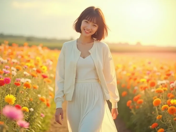 positive、Walking facing forward 、smile、 seems to be having fun、 25 year old woman、 black hair、 Very Short、 short bob、 White Dress 、 Long Skirt、White jacket、 Full body image from foot to head、 Sun shining in the background 、 Colorful flower fields in the ba...