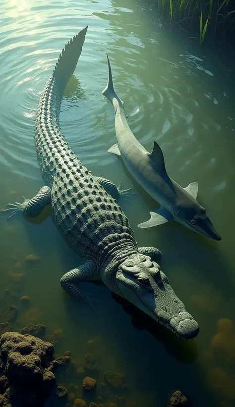 Crocodile and Shark, gliding through a murky river where freshwater meets the ocean, the crocodile’s thick, armored body is submerged just below the surface, its eyes and nostrils peering above the water, its long, muscular tail swaying gently to help it n...