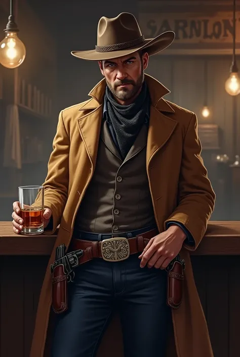 A handsome gunslinger with blue eyes, short beard, he leans at the saloon counter, holding a glass of whiskey and his revolver. Clad in a wide-brimmed leather hat, a dark navy blue trouser with two burgundy Buscadero gun belts strapped in a crossing manner...