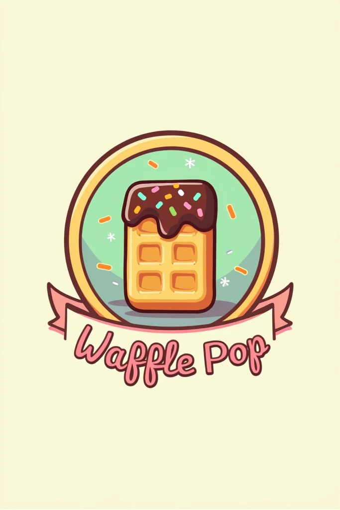 Create a circular logo with the color light green, light yellow, light pink,that have a long rectangle  waffle in the middle covered half in chocolate and sprinkles on top,has a name waffle pop, cartoon design