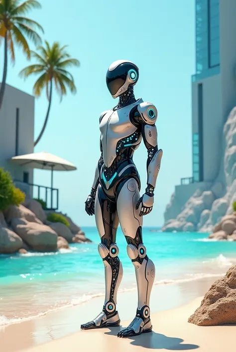 Create a robot with a modern beach background 