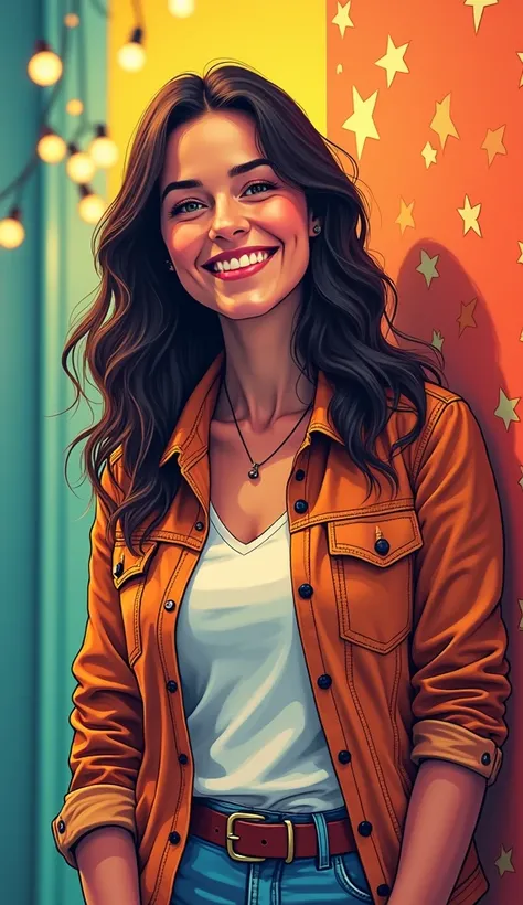 DISCREET image. with discreet casual clothes. image adult woman, american, comic book style. SHE IS HAPPY AND GRATEFUL, with a discreet smile. IMAGES WITH VIBRANT COLORS.