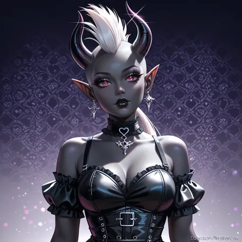 score_9, score_8_up, score_7_up, ((Masterpiece)), ((highres)), ((1person, 1girl, 1female)), Random poses, beautifully detailed succubus girl, ((white mohawk w/ponytail)), defined elf ears with ear guages, defined eyes, pastel iris, long eye lashes, defined...