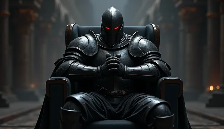 A dark, powerful knight in a full, intricately detailed black armor, sitting in a throne-like chair. His arms are crossed in front of him, with his hands interlaced in a classic badass pose, showcasing his strength and confidence. His helmet is sleek, with...