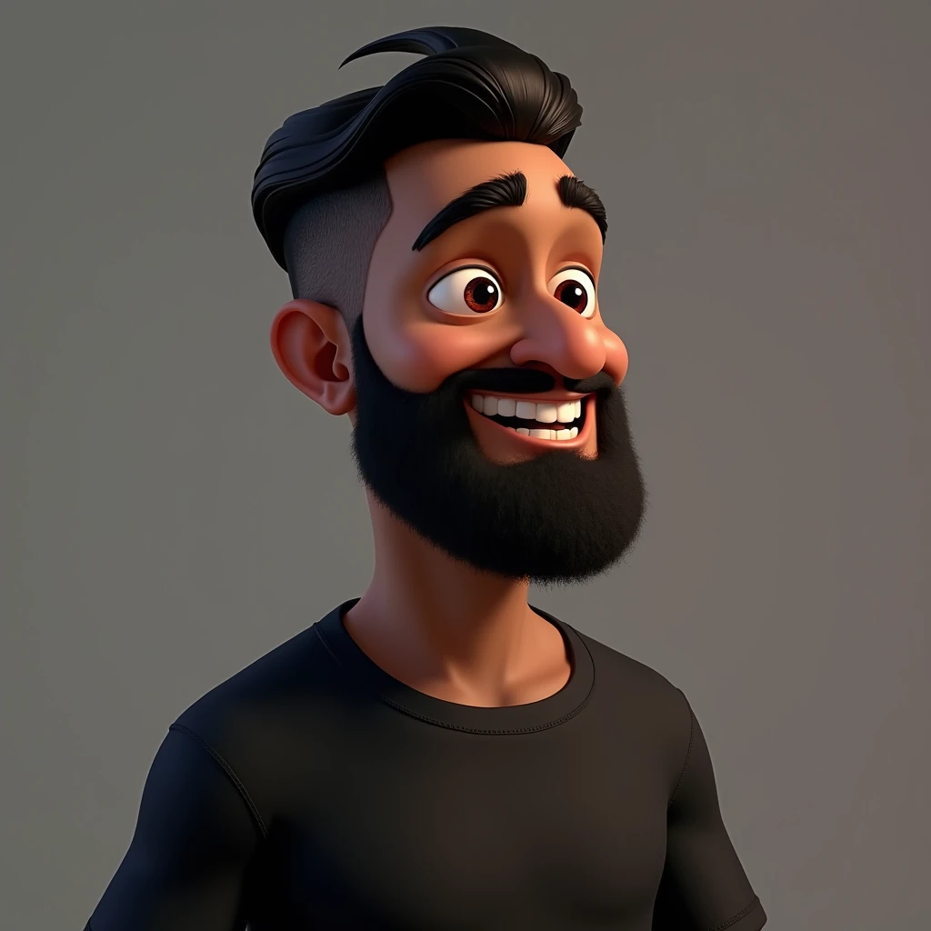  A Disney style 3d movie poster from Pixar, with a black man, with a long beard,  with a big, pointy nose and a black shirt ,  short straight hair tidy is not elegant upwards with a gradient cut on the side,  dark brown eyes , smiling, a character portrait...