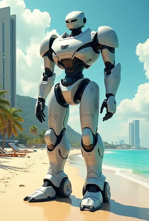 Create a robot with a modern beach background, make the robot look like Big Brother
