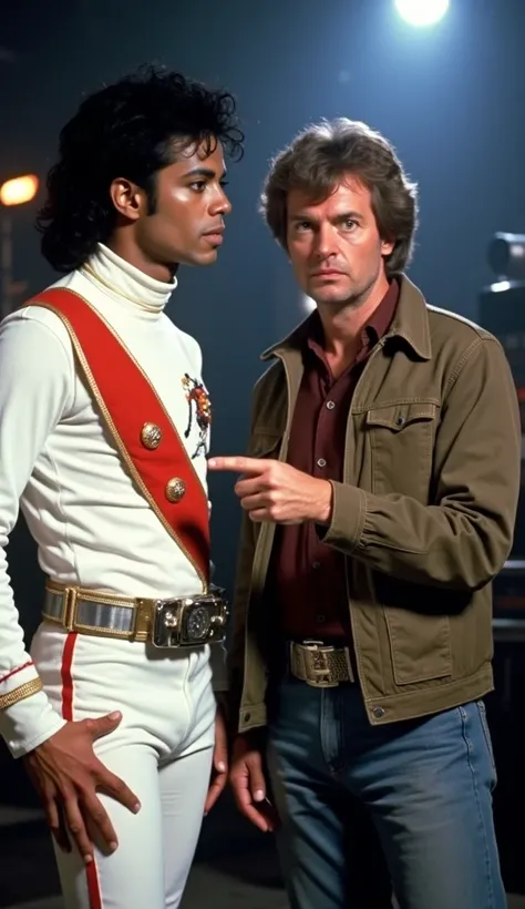 " Michael Jackson in his Captain EO , standing next to George Lucas ,  who wears casual clothes and is pointing out something on set.  The background has lights and cameras ,  suit with details of a futuristic technological environment .  Both look focused...