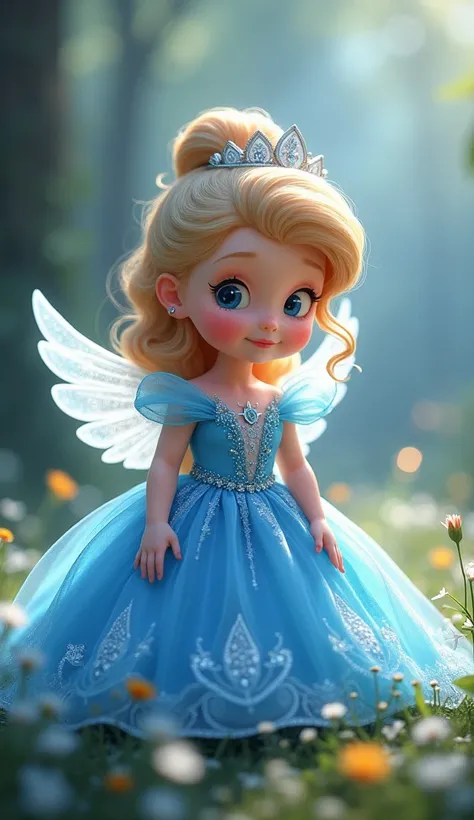 Make Princess Aurora baby with a beautiful blue dress with sparkles, place her around 