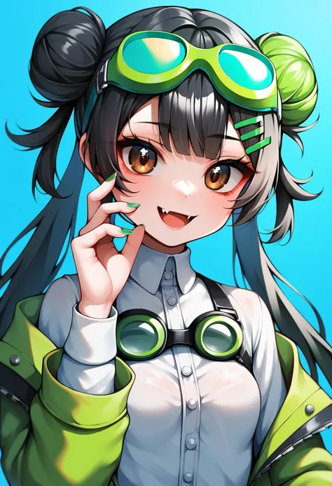 ((masterpiece)), ((best quality)), ((Details)), {{{{{secret two-tone hair}}}}}, 1girl, bangs, fantasy, fang, black hair, black nails, double bun, eyebrows visible through hair, eyewear on head, goggles, goggles on head, goggles on headwear, sky blue backgr...