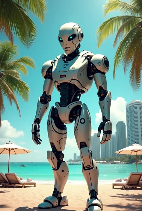 Create a robot with a modern beach background, make the robot like Big Brother Brazil with the theme of this reality
