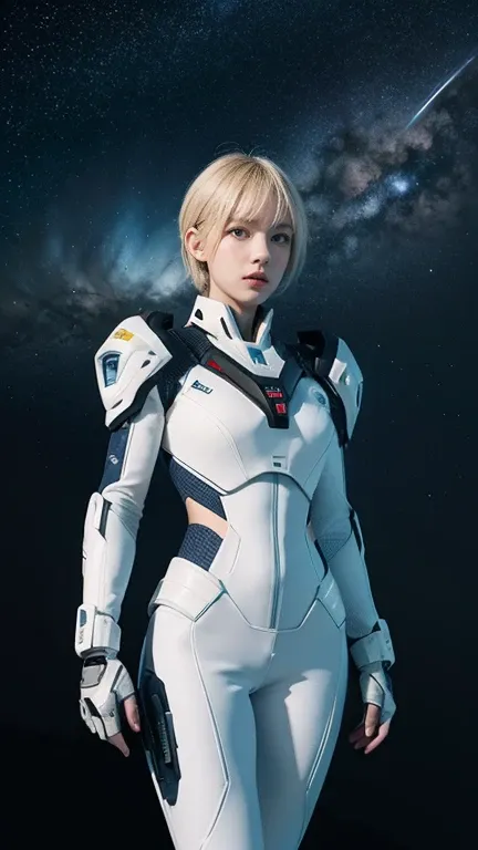 Create an image of a futuristic sci-fi character named ‘Seira Crawford.’ She is a determined and charismatic team leader with short, practical hair and a sharp, confident gaze. Seira wears a sleek white tactical suit with gold accents, designed for mobilit...