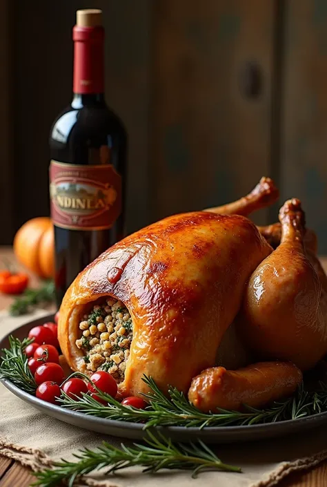 Make a picture of a turkey stuffed to bake clumpy with a bottle of wine