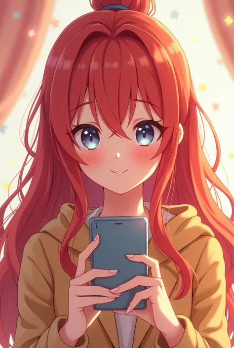 Cute anime girl, adult, long red hair, taking selfies on her cellphone