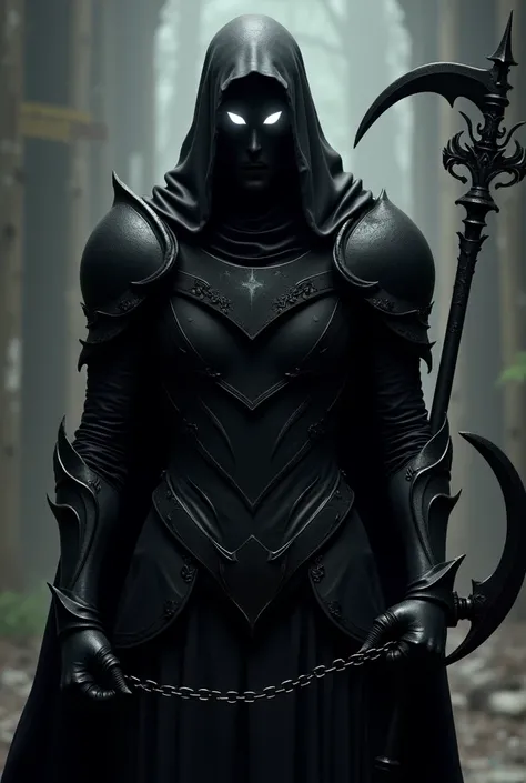  A person in black armor without a helmet on , with a shady face and with bright white eyes ,  holding a black scythe tied with a chain that is embedded in the arm of the armor