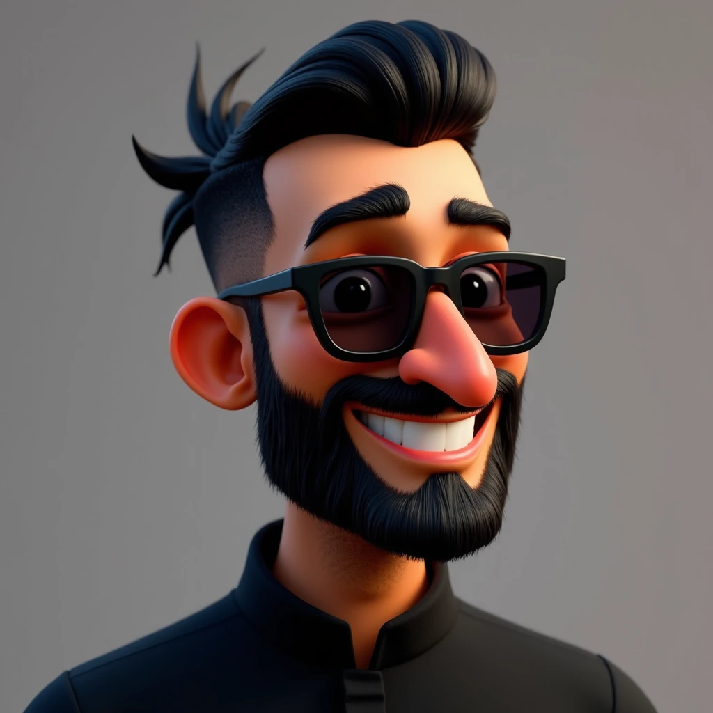  A Disney style 3d movie poster from Pixar, with a black-skinned man , with a long beard,  with a big, pointy nose and a black shirt ,  short straight hair tidy is not elegant upwards with a gradient cut on the side,  dark brown eyes , smiling,  with sungl...