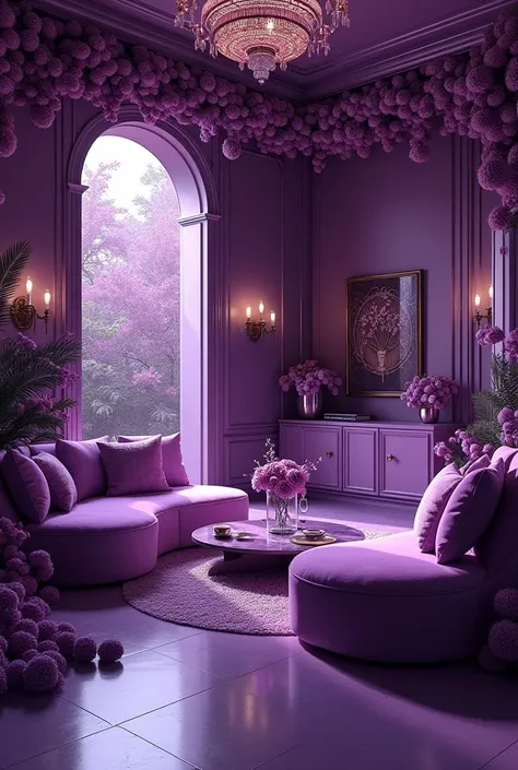 Create a rich environment  , thriving in purple, with,  purple furniture  