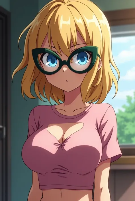 screenshot of my hero academia, light blonde hair,  bright blue eyes, (((oversized cat-eye glasses))), busty t-shirt with exposed midriff, slim with huge breasts, ((huge sexy breasts)), at home, with his cold gaze.