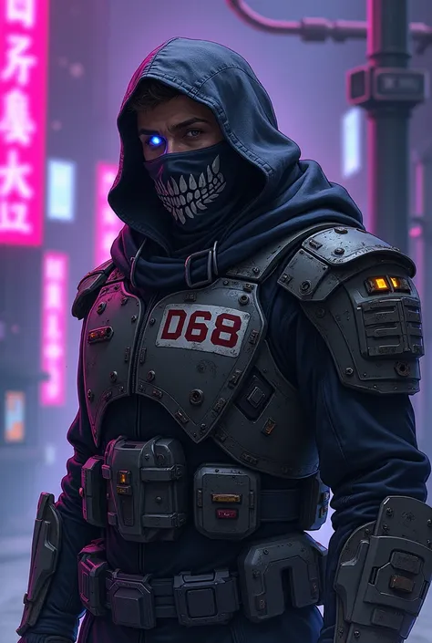 Futuristic soldier with a rough look ,  wearing a bandana covering his mouth to his nose with an oni demon model on it ,  without a helmet on a Cyberpunk background with neon violet lights ,  with halo-like armor and a worn hood similar to Megatron in the ...