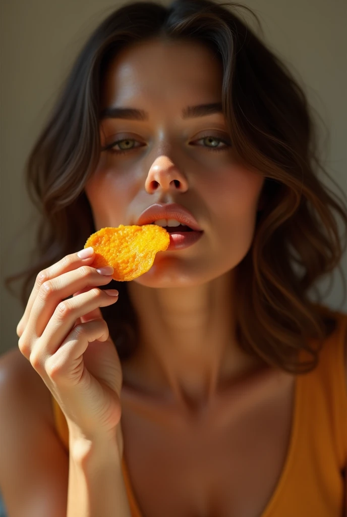 Woman sensually eating some mango chips you could make her a little more sensual 