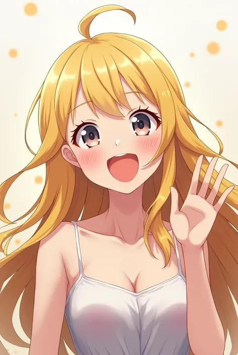 Cute anime girl, adult, long blonde hair, laughing, waving