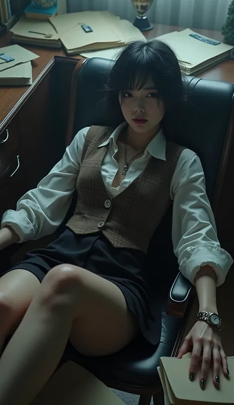 ((Horror:1.9, 32K:1.8, Photographically:1.8,  best quality:1.8, masterpiece:1.8,  ultra high resolution:1.8)),   High Resolution Skin and Face Textures ,  professional low angle camera work,  cinematic lighting, ( sexy:0.5, Tall Japanese Woman:1.0, OL:1.3,...