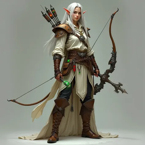  a fair-skinned female elf, silver-colored hair ,  dressed in a white long-sleeved shirt ,  leather sweater with sapphires and emeralds engraved ,  leather bracelets with emeralds and studded ,  balça braca with short leather boots,  on his back there is a...