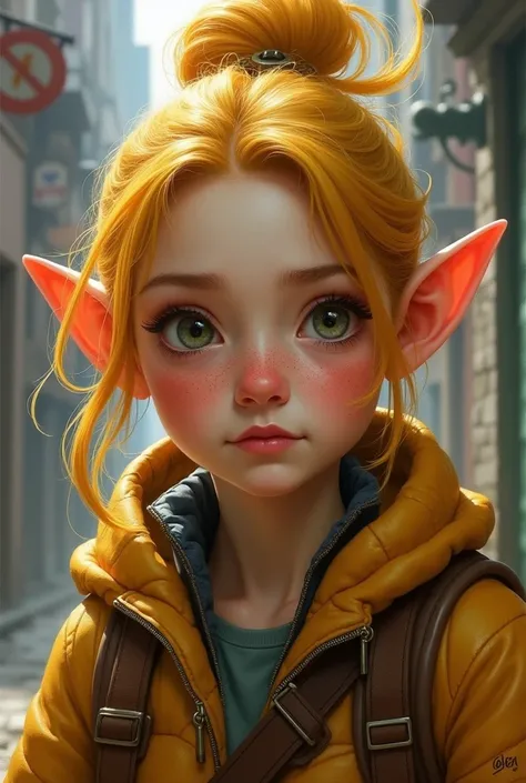 A halfling woman, messenger, with a lot of frecles and mustard color hair