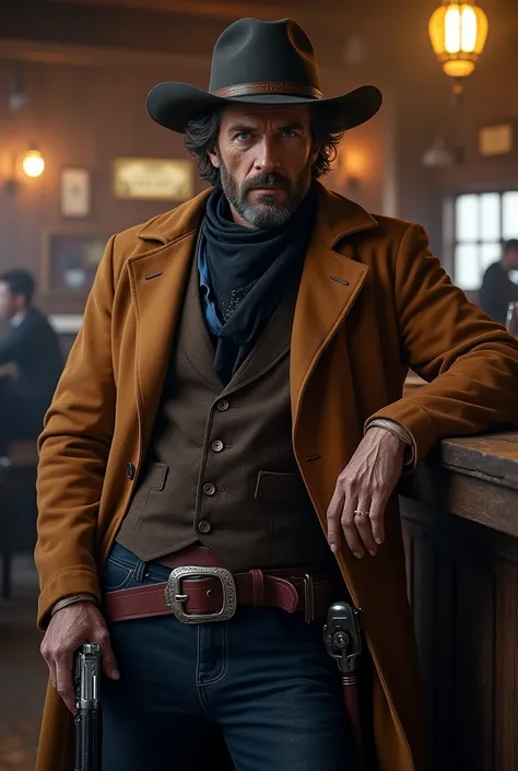 A stoic gunslinger with blue eyes, short beard, medium-length black hair, he leans at the saloon counter, holding a glass of whiskey and his revolver. Clad in a wide-brimmed leather hat, a dark navy blue trouser with two burgundy Buscadero gun belts strapp...