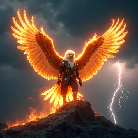 an eagle that is made from fire landing on a mountain with lightning in the background, the eagle is wearing a commander outfit, but still keeping the eagle body, full view showing the whole body and wings that are on flames