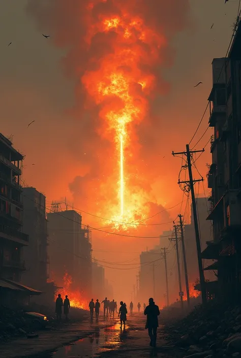 Fire falling from the sky and destroying two cities. Melancholic image, Cold with realistic style  