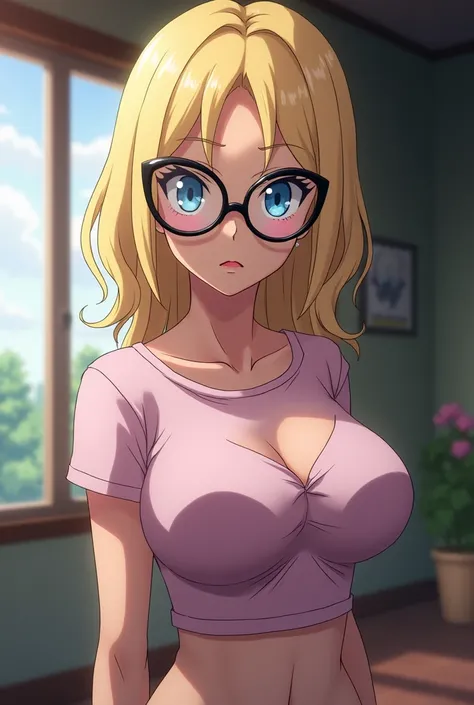 screenshot of my hero academia, light blonde hair,  bright blue eyes, (((oversized cat-eye glasses))), busty t-shirt with exposed midriff, slim with huge breasts, ((huge sexy breasts)), at home, with his cold gaze.