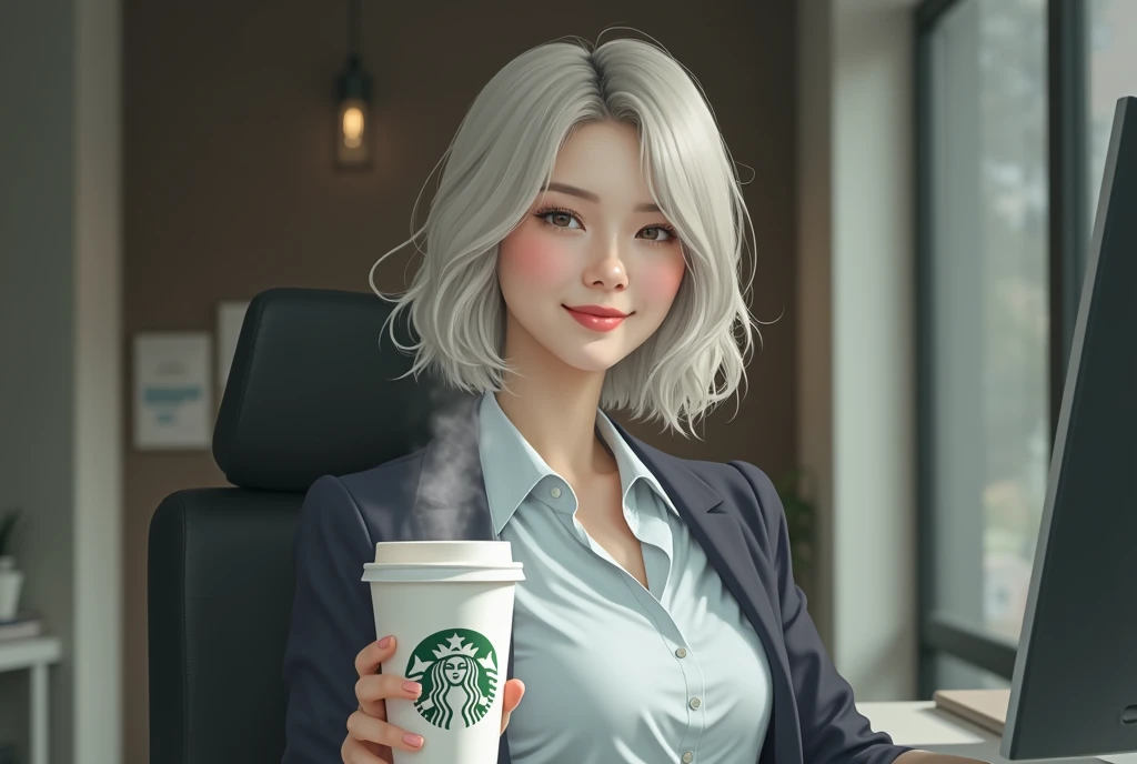 Please make an illustration with a realistic depiction of the girlfriend in the attached illustration drinking Starbucks coffee and taking a break at work