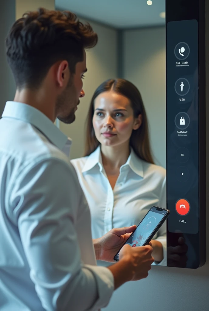 please make a busy realistic human but their are using smart mirror ai to help them save time . the mirror is on the phone (please include call logo or sign ) (they call using the mirror) and put meeting reminder on the right (notification form ) but the h...