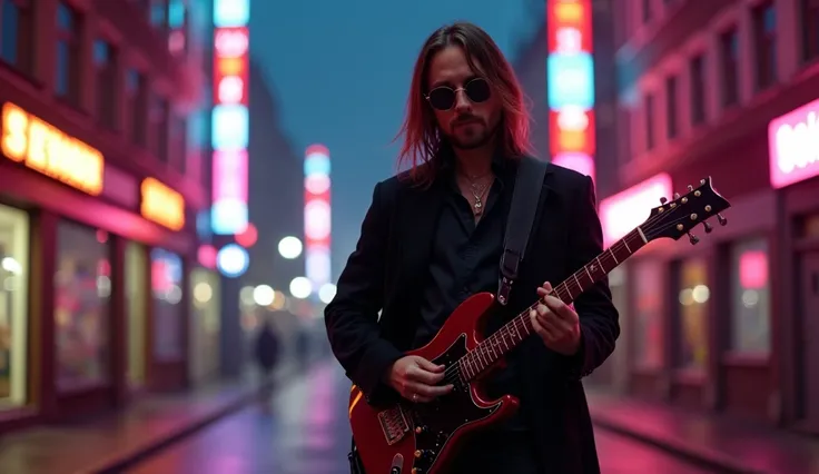 a deserted European futuristic city at night  ,  down the street in the distance,  playing rock guitar   ,  hes wearing a long black coat  ,  he has long hair  , hes wearing sunglasses  , a rock musician of European appearance is pouring  , neon lights