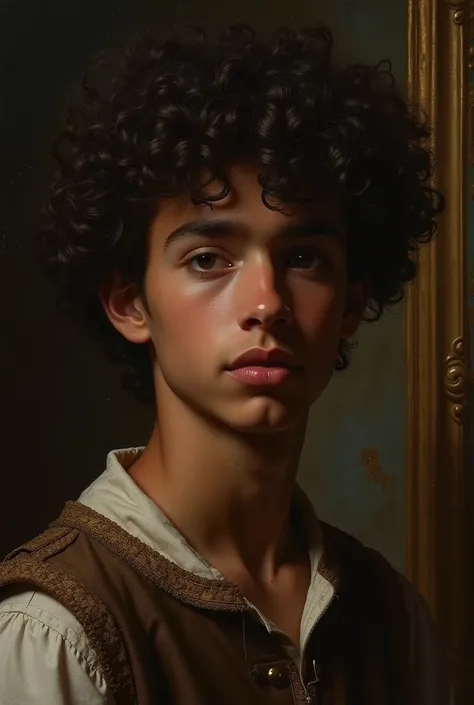 Make me a baroque art of a 16-year-old male teenager with curly hair and dark skin color 