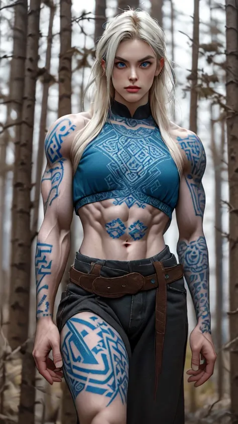 Female viking, (young:1.2), (muscular:1.2), fit, wearing brown furs and hides, (blue norse tattoos:1.2), blue eyes, platinum blonde hair. Setting is a Scandinavian forest in winter, bare arms, exposed naval, (abs:1.2). Highly detailed, norse, berserker, ar...