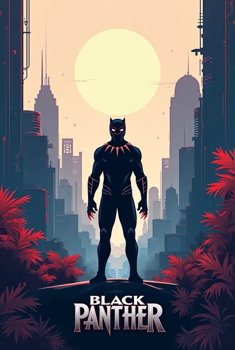  Create me an icon for the movie  "Black Panther"  based on its content and characters .  Similar to a movie poster . Very simplified and simple .  Put the character  "Black Panther" In the center of the picture .  The city of Wakanda should decorate the b...